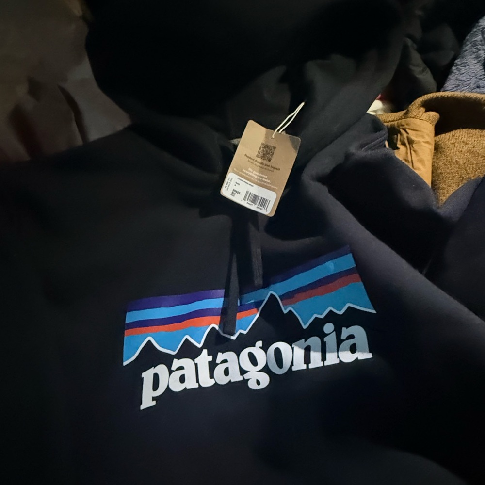Patagonia Black Hoodie with Blue and Red Stripes